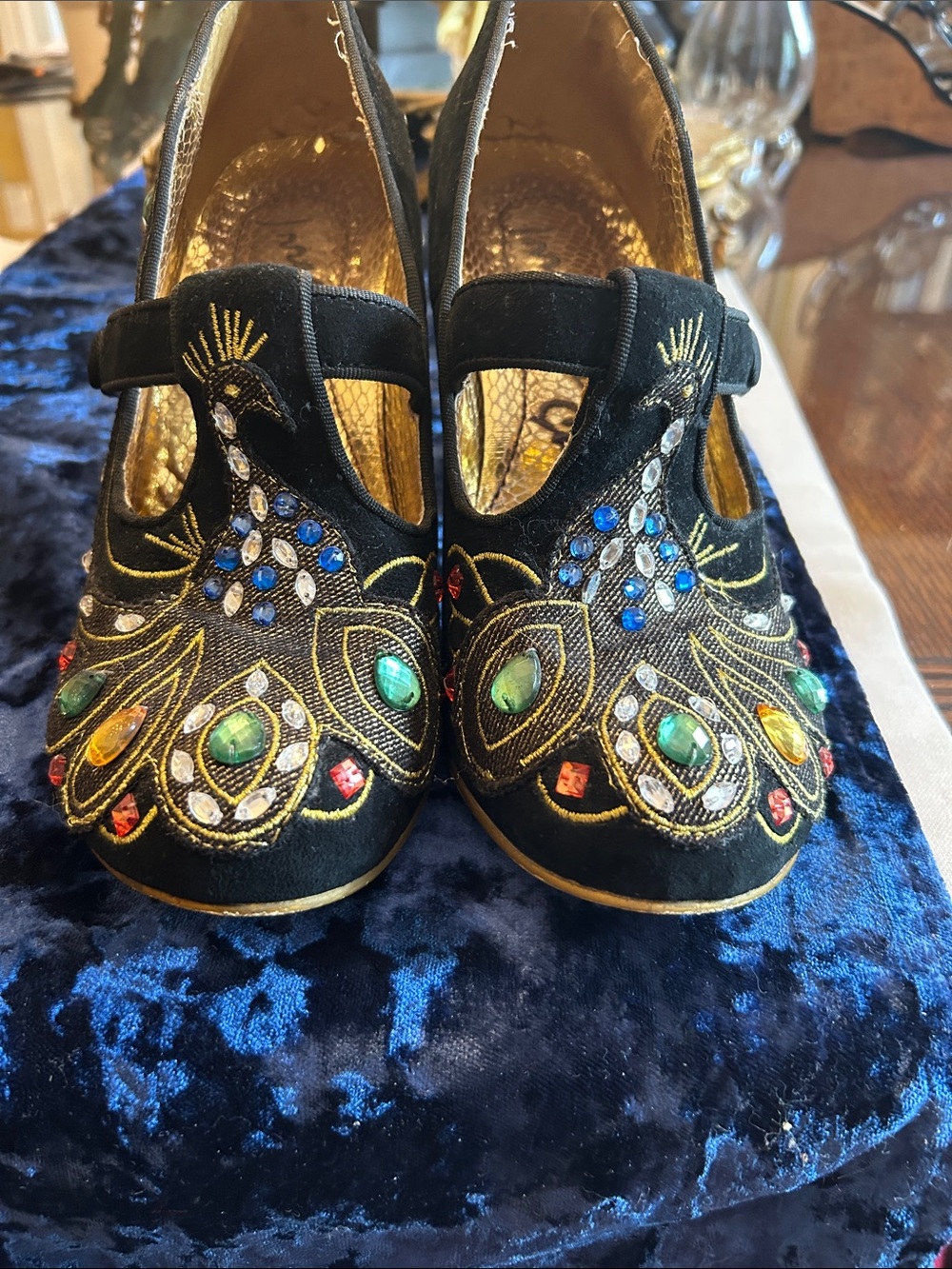 Black Embroidered Velvet Mary Jane Heels with Multicolor Gem Accents